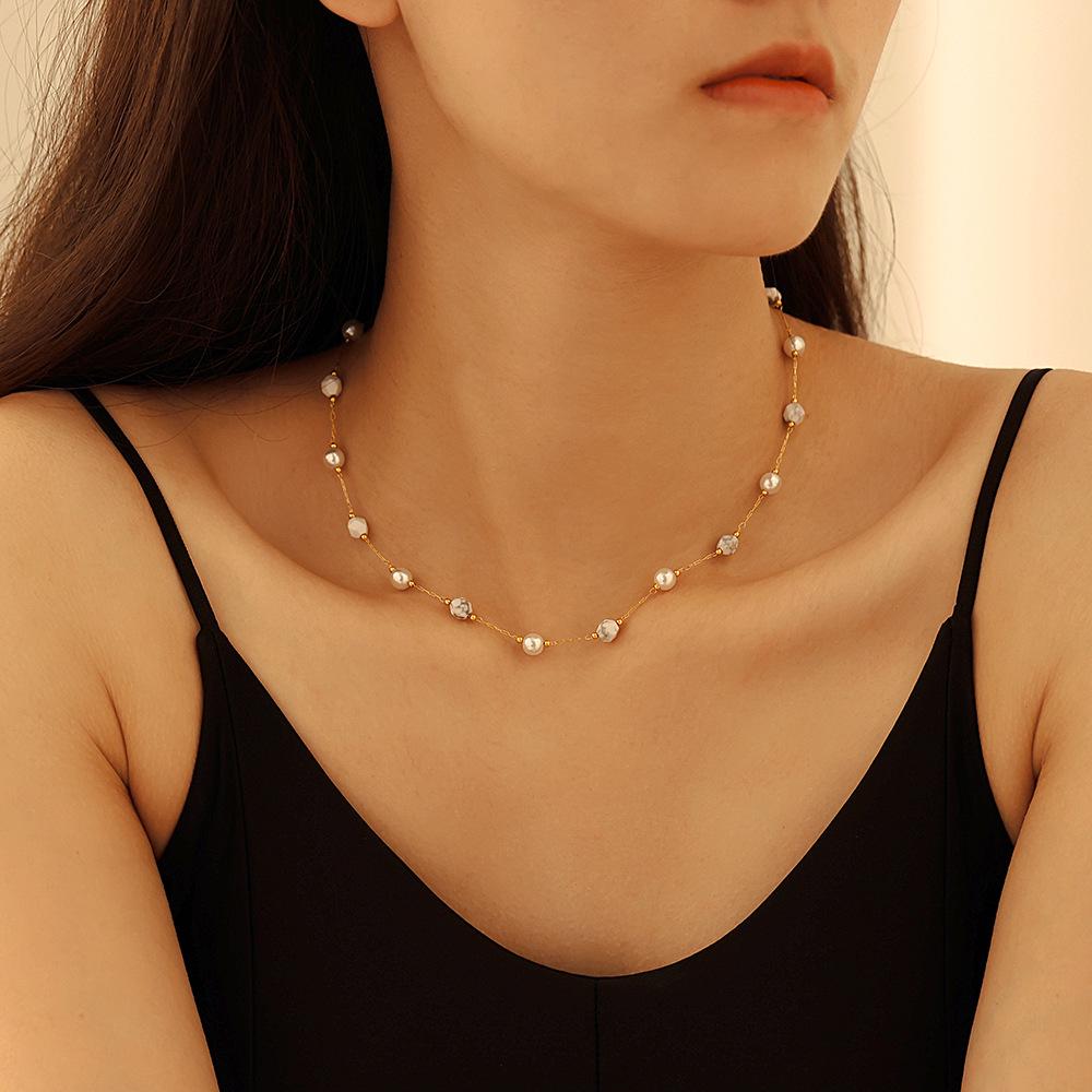 Europäische & Amerikanische Naturstein Perle Schlüsselbeinkette & Temperament Armband Set, Edelstahl Damen Nischen INS Stil