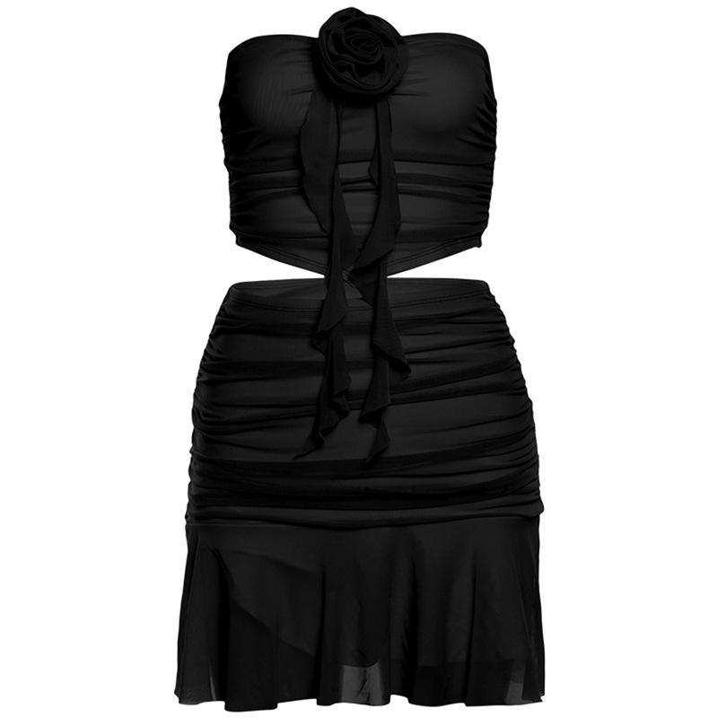 Mesh Folds Skirt 2 Piece Sets Women Summer Slim Backless Flower Patchwork Tube Tops Hot Girls Beach Sexy Bodycon High Waist Vacation Skirts Sets