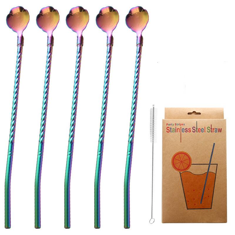 5pcs 10pcs Stainless Seel Flower Straw Spoon Summer Milk Tea Stirring Yerba Mate Straws Reusable Drinking Kitchen Supplies