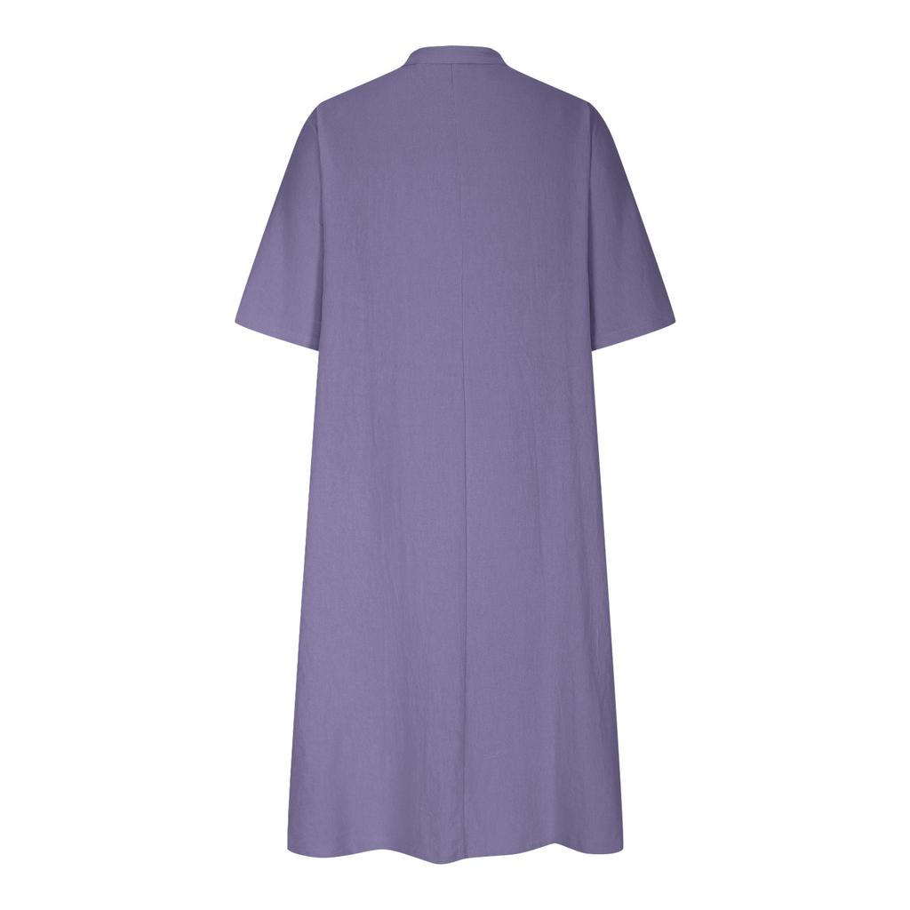 Women's Color V-neck Half Sleeved Cotton Linen Loose Fitting Button Pocket Dress