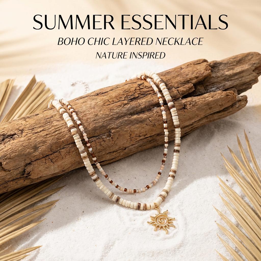 2pcs Boho Coconut Shell Wood Beads Necklaces Set for Women Men Vintage Sun Pendant Necklaces Summer Beach Party Jewelry Gifts