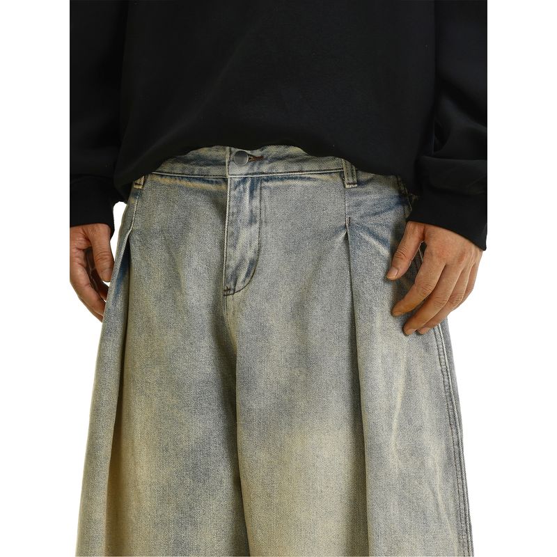 American-Style Design, Niche Pleated Washed Straight-Leg Jeans for Men, Lazy Style, Loose Wide-Leg Couple's Floor-Length Pants