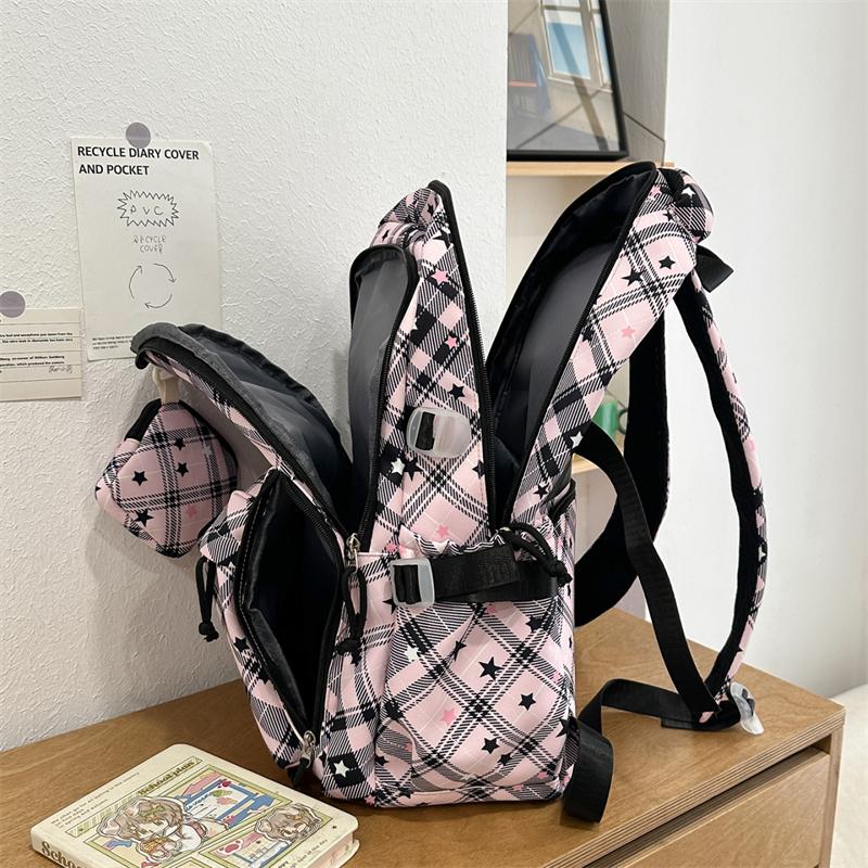Large Capacity Plaid Backpack Women's Star Printed Student School Bag with Coin Purse