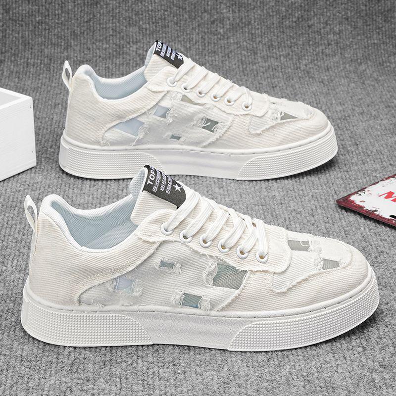2025 Men's Breathable Canvas Shoes - Summer Fashion, Trendy, Odor-Resistant, Ripped, Wear-Resistant White Skate Sneakers