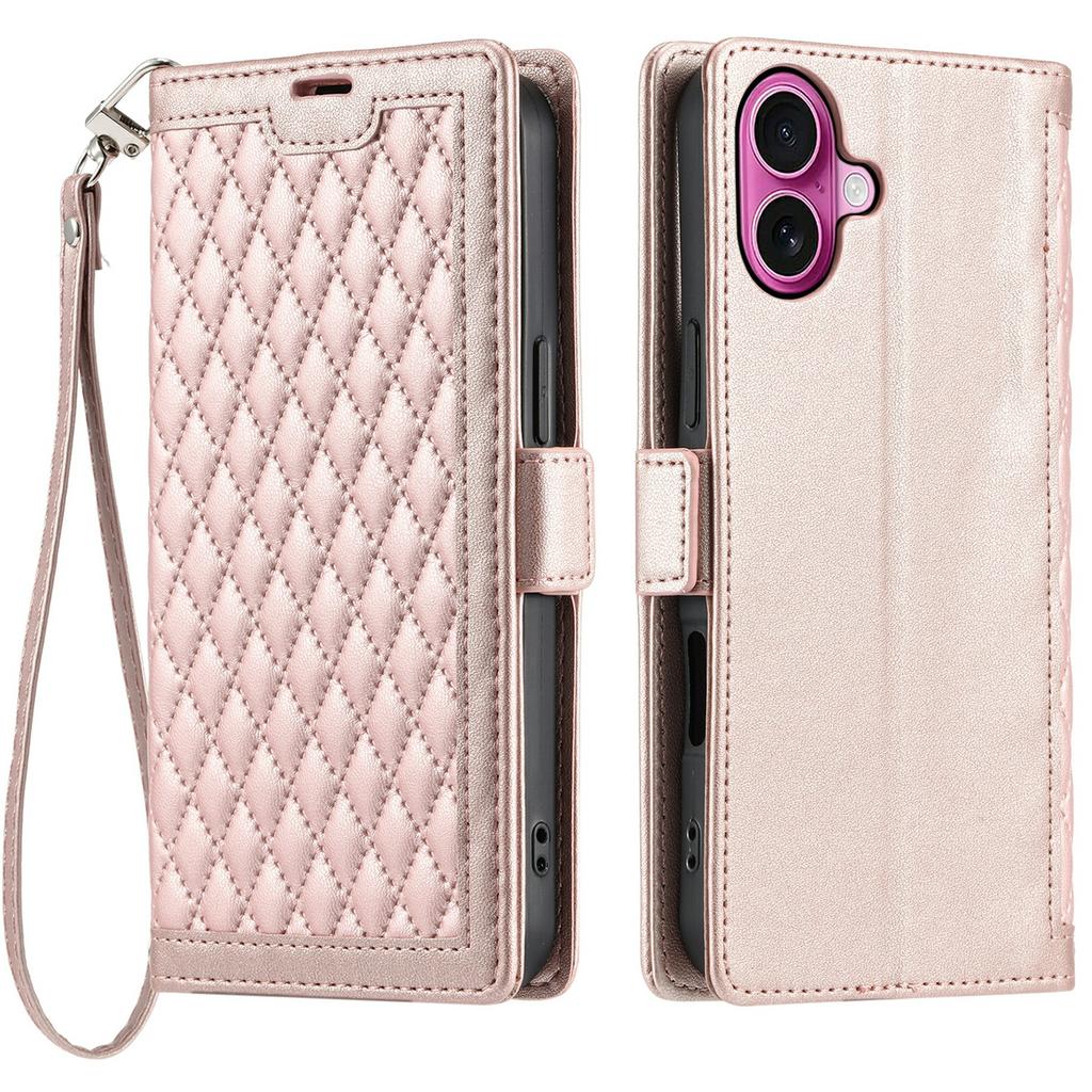 For iPhone 16 Leather Case Rhombus Texture Wallet Stand Phone Cover with Wrist Strap