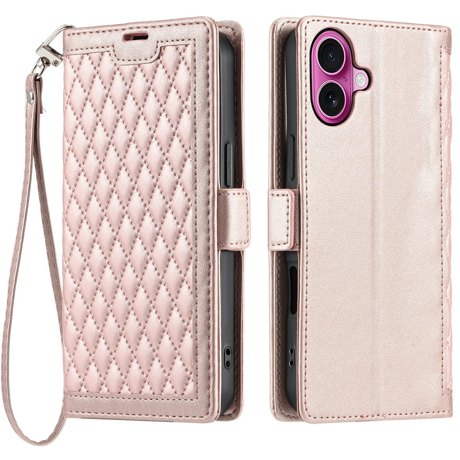 

For iPhone 16 Leather Case Rhombus Texture Wallet Stand Phone Cover with Wrist Strap Rose Gold