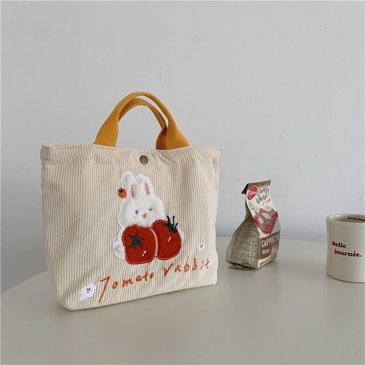 Adorable Cartoon Rabbit Embroidered Canvas Tote Bag Stylish Corduroy Handbag For Women And Students