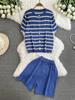 Summer Women Casual Knitted Sweater Pant Set Single Breasted Striped Tops and Shorts Chic Student Two Piece Suit