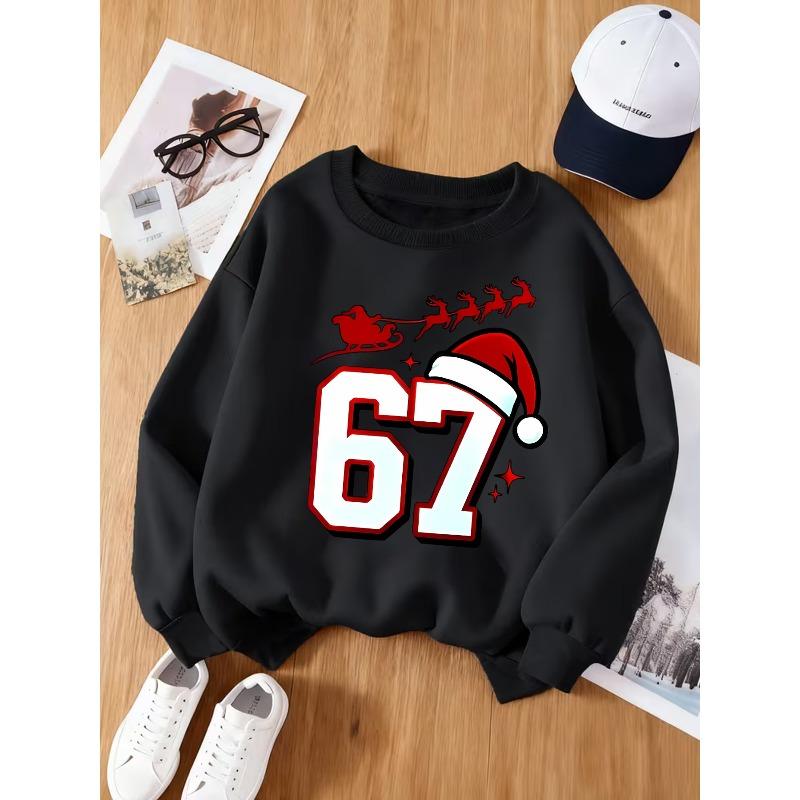 Christmas Kids Sweatshirt Over 4Y Unisex Boys Girls Santa Hat Number 67 Sleigh Reindeer Graphic Black Crewneck Fleece Pullover For 4-12 Children
