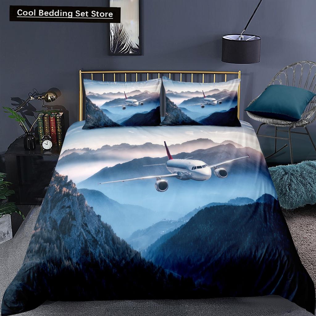 Airplane King Queen Full Duvet Cover Vintage Fighter Bedding Set for Kids Teens Adults Sky Clouds Grey 2/3pcs Soft Quilt Cover