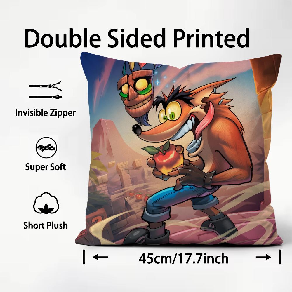 CCrash BandicootT Cartoon Cushion Cover Plush Fabric Soft DoubleSided Printed Sofa Warm Winter Home Child Gift Pillow Case