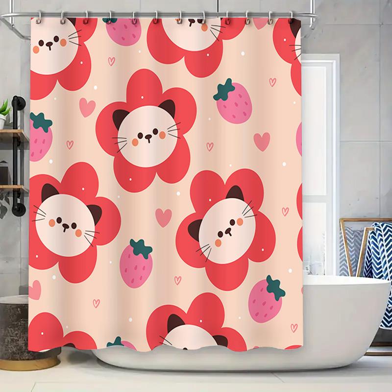 

Vintage Cat Flower Strawberry Shower Curtain Waterproof Fabric Bathroom Decor For Kids Room Home Decoration Gift (Red) W60H190(CM)-1 Pcs