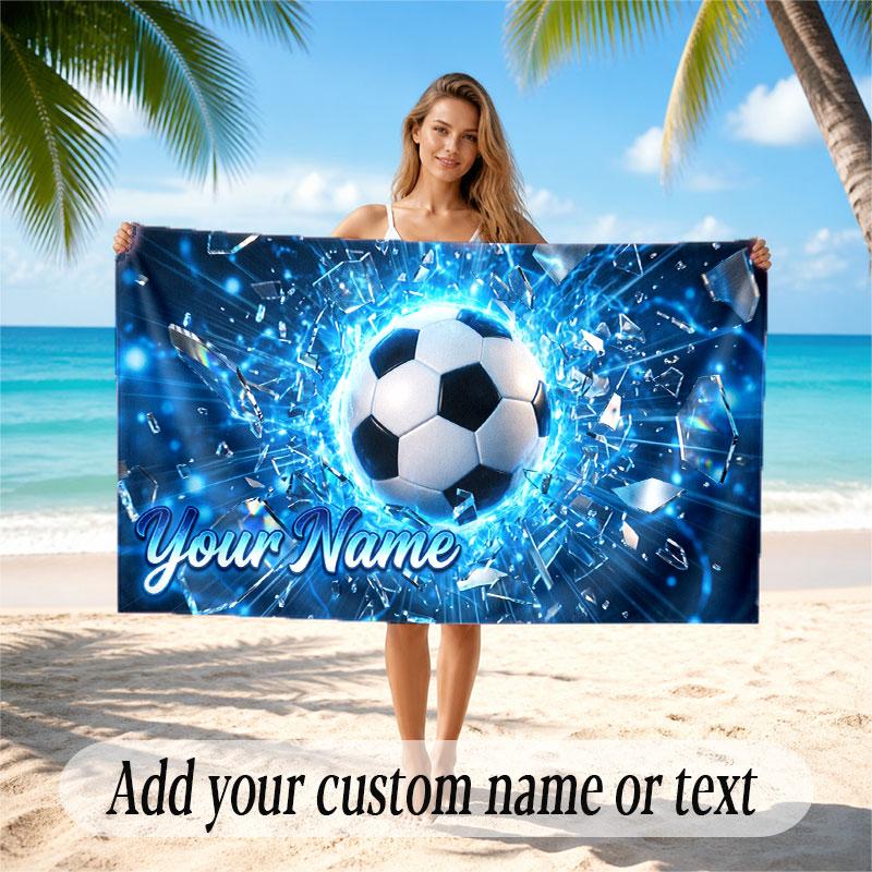 Soccer Theme Beach Towel Personalized Custom Name & Text Soft Quick Dry Beach Towel for Swimming Travel