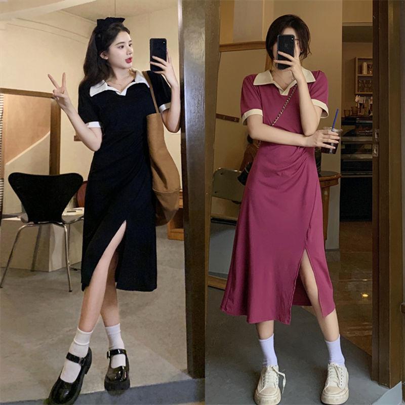 New sweet contrasting color polo neck dress women's summer design feeling pleated slim slim slim split skirt
