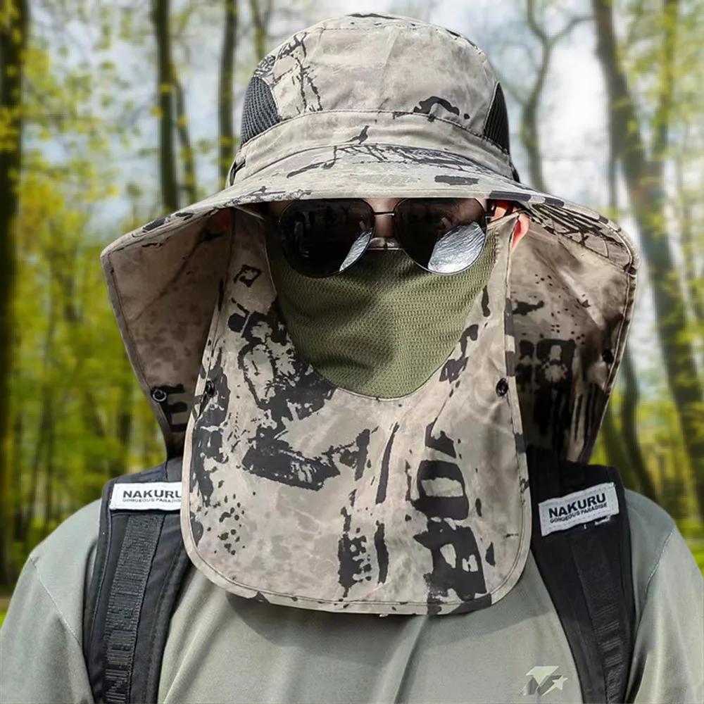 Cappello da sole con protezione solare a 360°, con tesa larga, rimovibile, mimetico, da uomo, per viaggi all'aperto, alpinismo, pesca