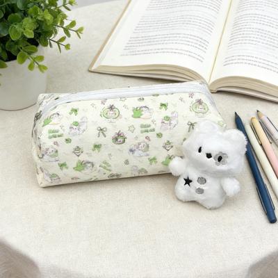 Pencil Case Green Kitten Print Large Capacity Stationery Organizer Smooth Zipper Closure Dirt-Resistant Canvas Makeup Bag
