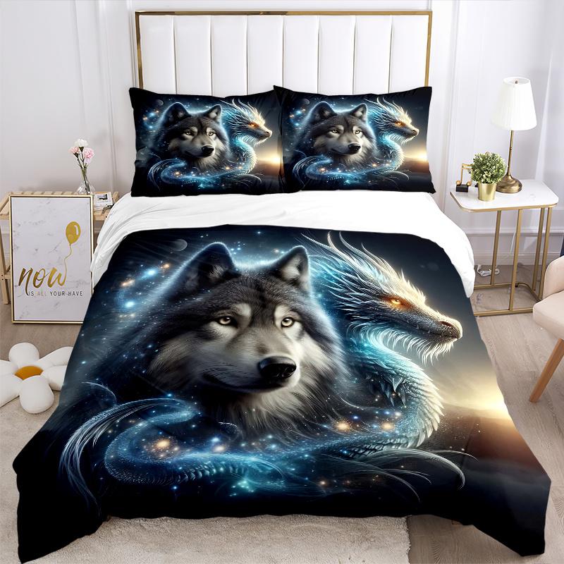 3pcs Galactic Wolf Dragon Print Cover Set Ultra Soft, Breathable, and Comfortable Bedding with Stylish Design for Bedroom and Guest Room Decor
