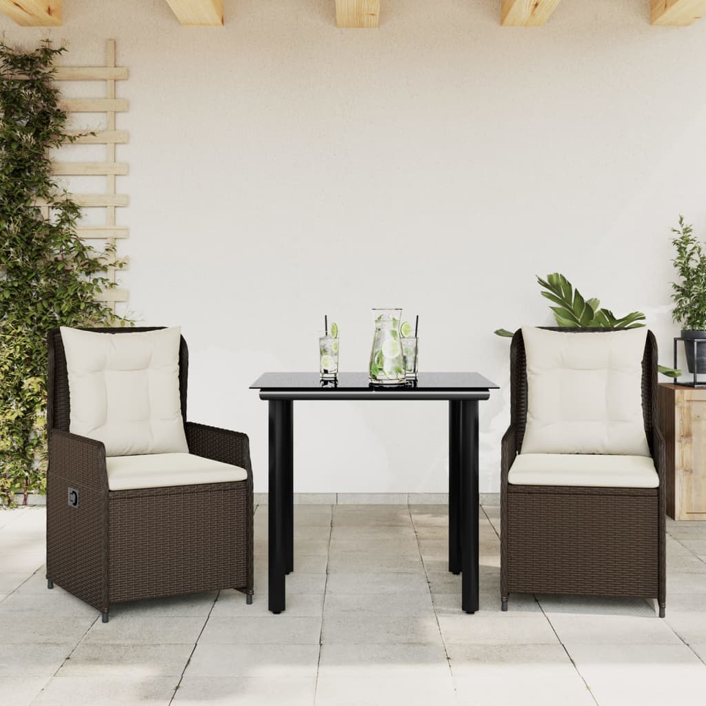 3 Piece Outdoor Dining Set with Cushions Brown Poly Rattan
