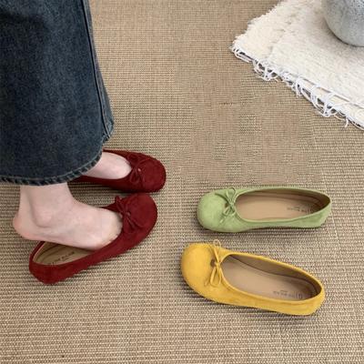 Round Head Shallow Mouth Women's Shoes Ballet Shoes Suede Beanie Shoes Bow Ladyshoes Flat Temperament Single Shoes
