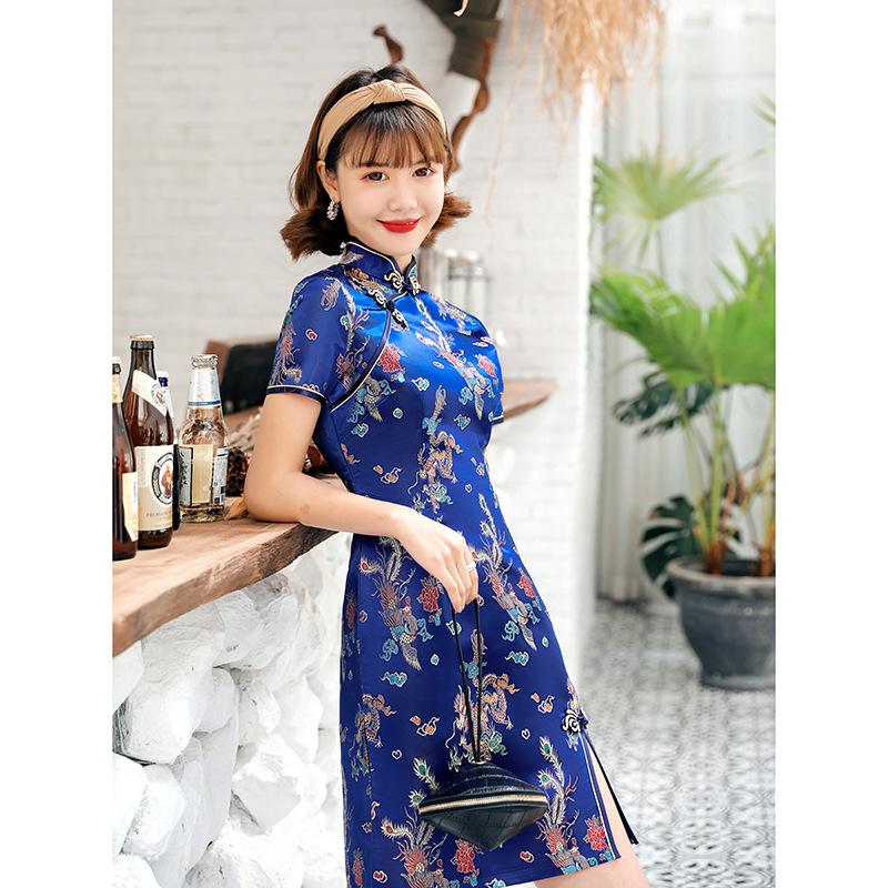 Summer Daily Front Fork Dragon&Phoenix Qipao Elegant Women Cheongsam Old Shanghai Mandarin Collar Sexy Short Chinese Dress Vestido