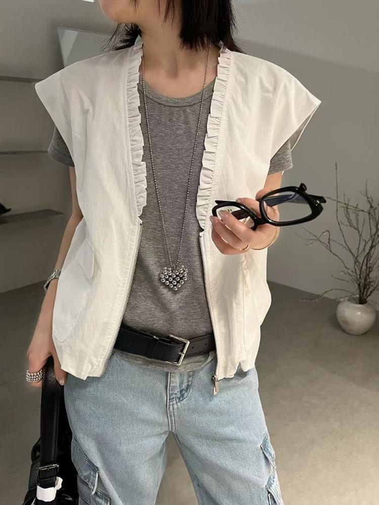 

Весна 2025 Корейский стиль Свободный крой Приталенный Жилет с круглым вырезом и большими карманами Large белый