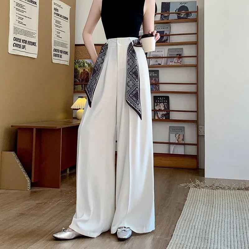 2025 Summer Women's Silk Scarf Print High-Waisted Wide-Leg Drape Pants - Fashionable Floor-Length Casual Trousers