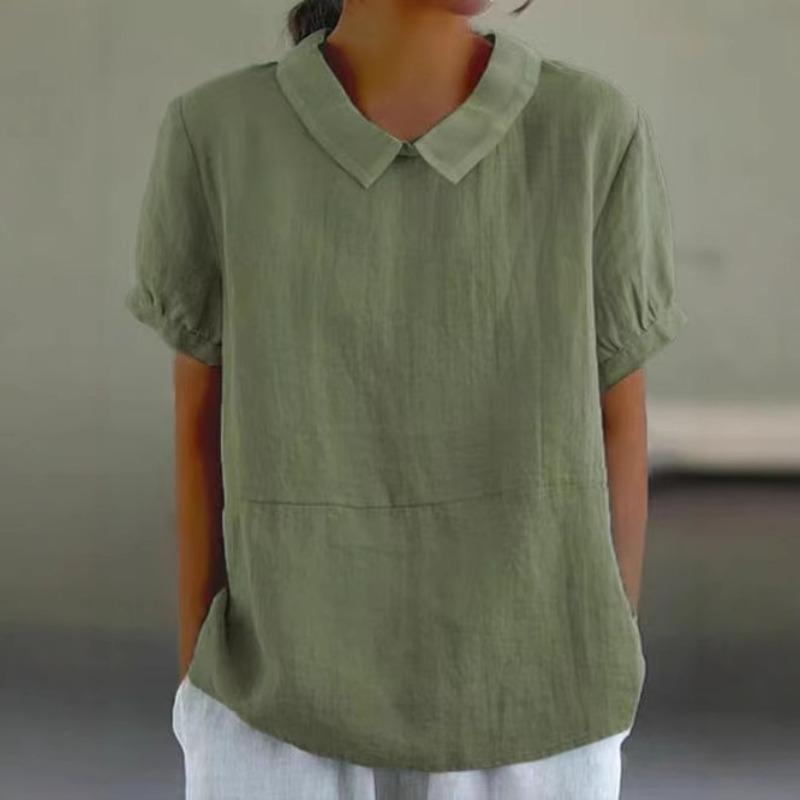 Solid Color Lapel Pullover Shirt Women Summer Short Sleeve Blouse Comfortable Casual Simple Style