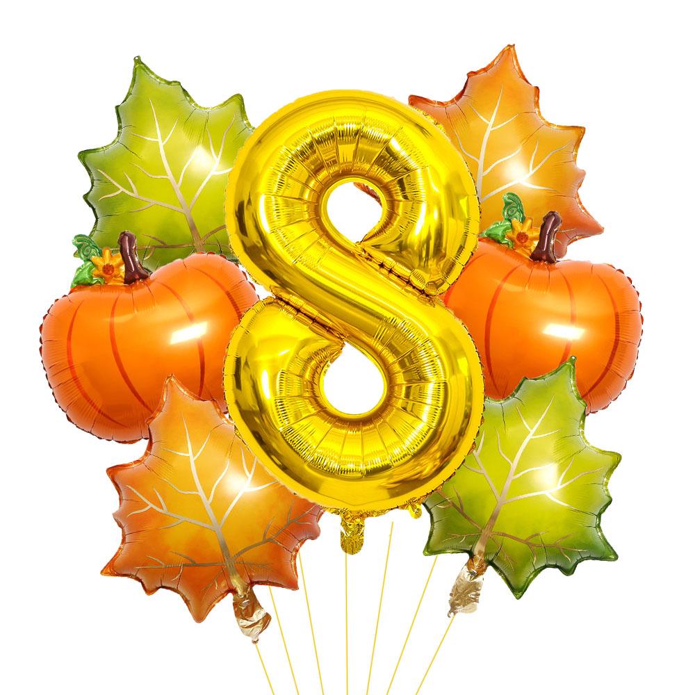 7pcs Pumpkin Maple Leaves Balloons Set 32inch Gold Number Balloon for Fall Party Thanksgiving Festival Party Decoration Gifts