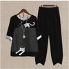 Women's Casual Two-Piece Floral Print Outfit Five-Point Sleeve Tops and Elastic Waist Pants Set