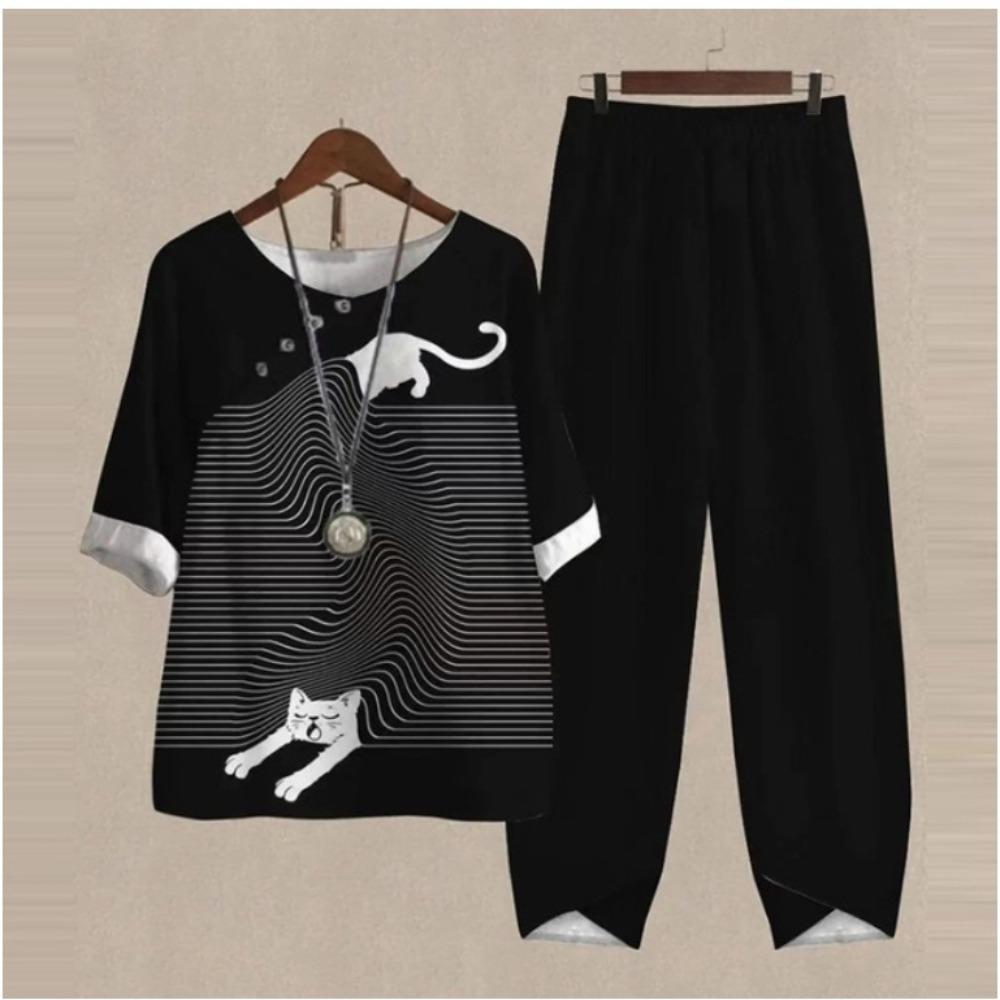 Women's Casual Two-Piece Floral Print Outfit Five-Point Sleeve Tops and Elastic Waist Pants Set