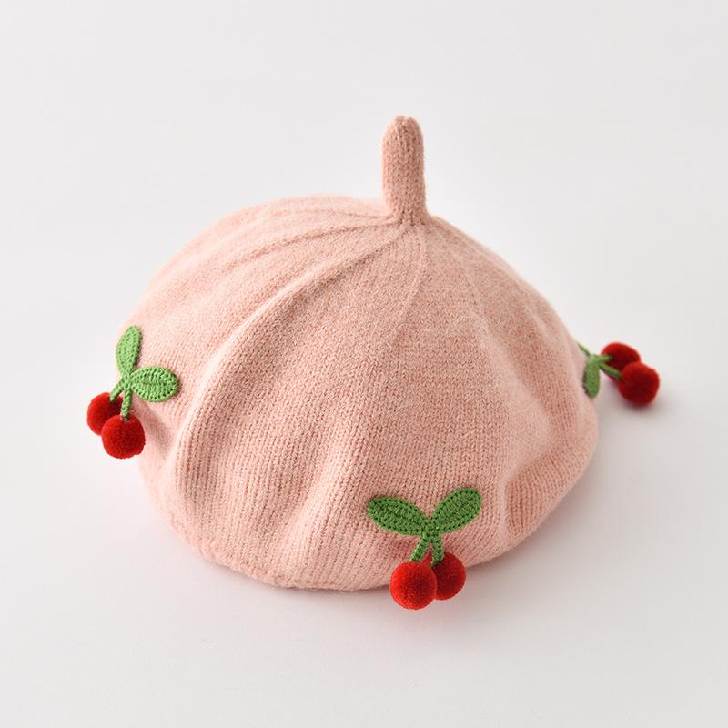 Sweet Cherry Baby Girls Beret Hat Autumn Winter Knitted Baby Boys Cap Beanies Soft Children Artist Painter Cap