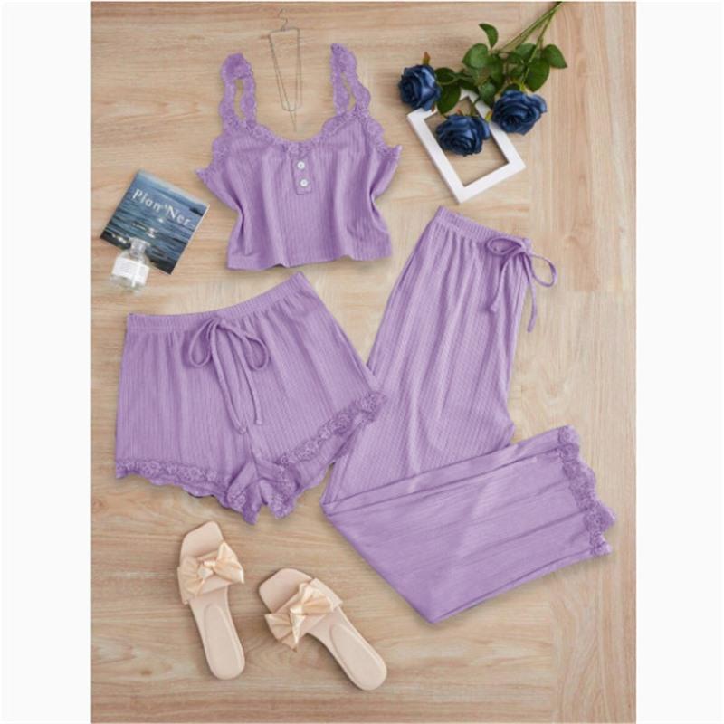 European and American new lace lace sling vest long shorts pajamas women's outer wear slim-fit explosive three-piece set