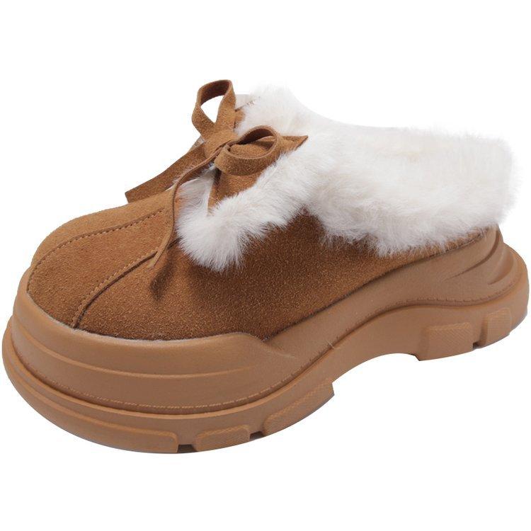 Weiche Lederversion~ Niedliche Schleife Ein-Pedal Halbzopf-Taschenkopf Baumwollschuhe Damen Samt Mode Dicksohlige Flauschige Schneestiefel