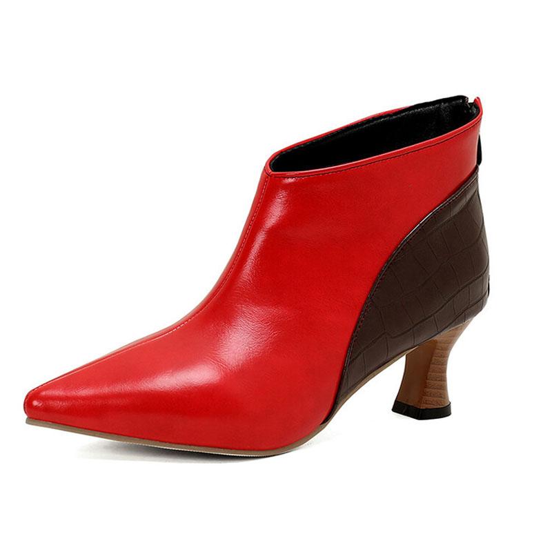 Women Pumps Fashion Leather Shoes Back Zipper Spring Autumn Short Ankle Boots Lady Patchwork Design Pointed Toe Booties WSH5043