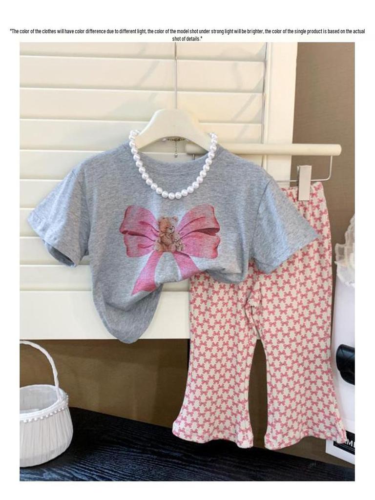 2024 Girls' Summer Bear Butterfly T-Shirt & Flared Pants Set