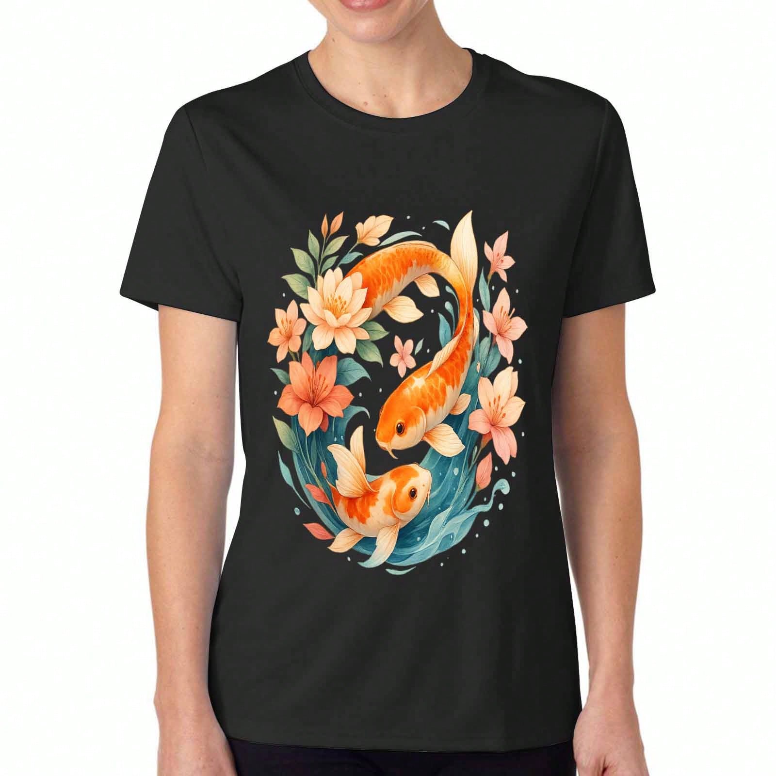 Koi Fish Womens Cotton T Shirt, Pure Cotton Premium Print,Durable And Longlasting,Casual Fashion,Golden Fish,Swimming Fish,Lucky Fish,Cherry Blossoms, S разноцветный