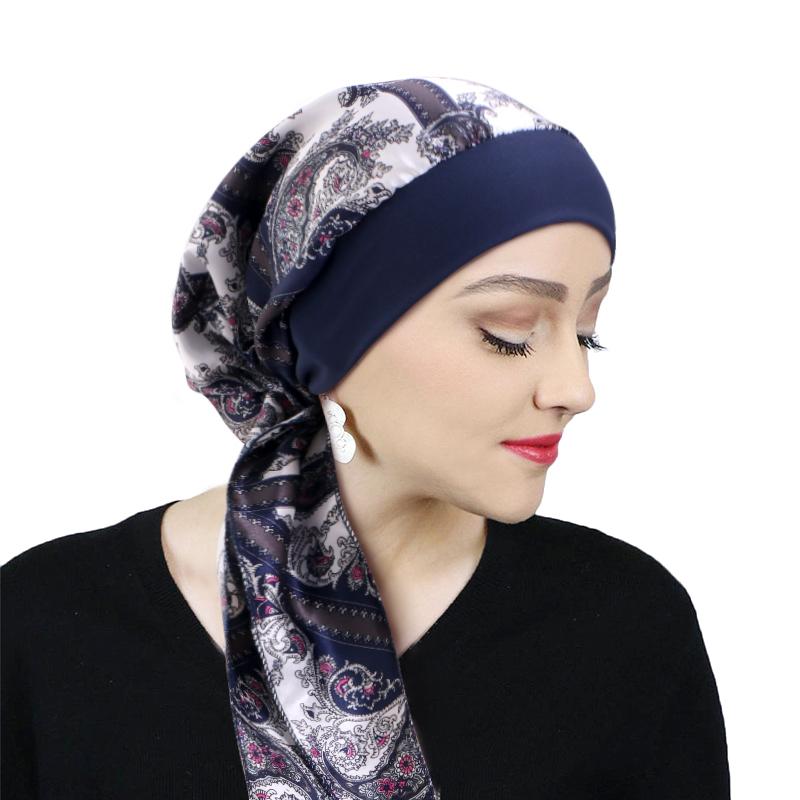 Women Satin Printed Turban Hat Stretch Wide-brimmed Nightcap Fashion Pre-tie Turban Wrap Head Cap Casual Durag Pirate Hat