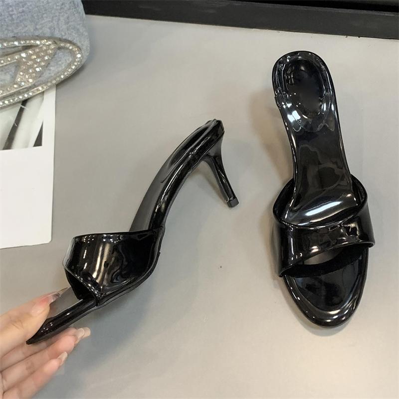 

Eilyken Summer Patent Leather Open Toe Women Slippers Shallow Thin High Heels Wedding Prom Slide Shoes 35 чёрный