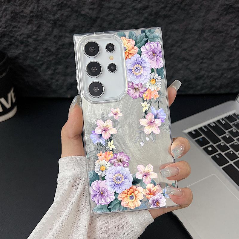 Motif Floral Pailleté Étui Arrière Slim Rigide en PC Pour Samsung S25 Ultra S24 FE S23 A36 A56 A16 A55 Plume Étincelant Antichoc Bord Souple TPU Coque de Téléphone
