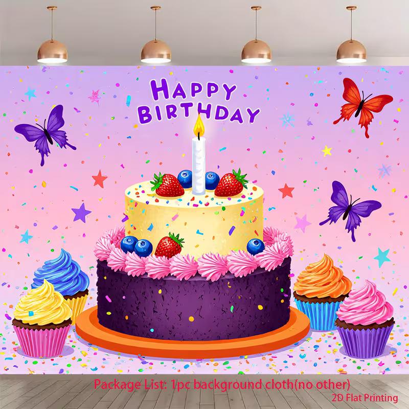 

2D Happy Birthday Themed Backdrop, Cake, Cupcakes and Butterflies for Sweet Birthday Celebrations 47.2x31.5inch/120*80cm