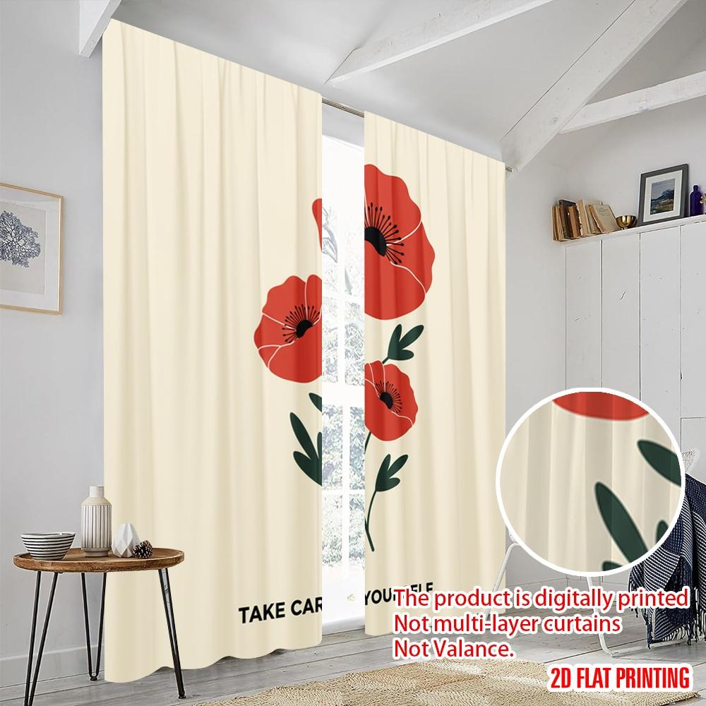2pcs 2D flat printing Window Curtains Poppy flowers take care yourself 100% Polyester Fabric Without Electricity Festive Wall
