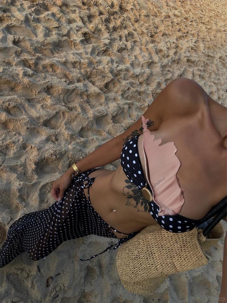 2026 European & American Three-Piece Polka Dot Lace-up Bikini Set for Beach & Vacation.