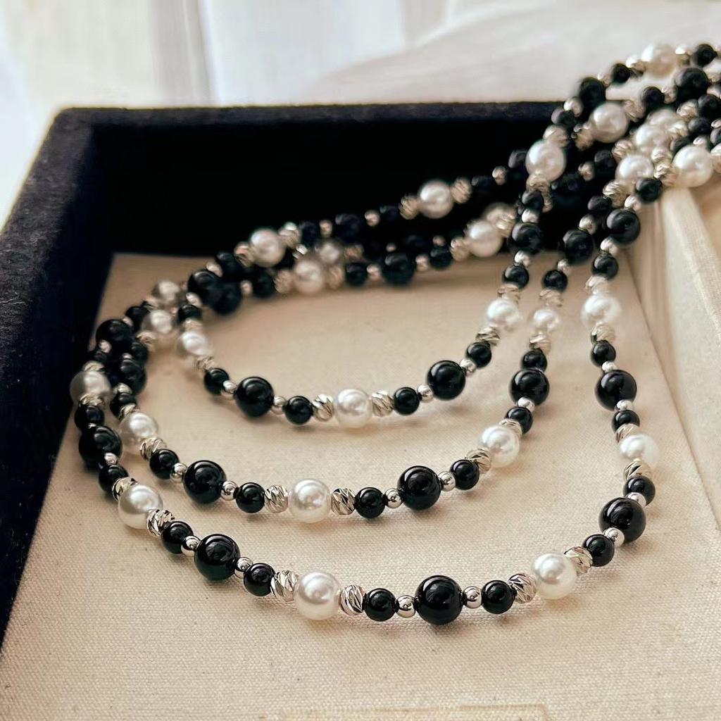 Vintage High Quality Natural Black Agate Artificial Australian White Pearl Necklace Collarbone Chain