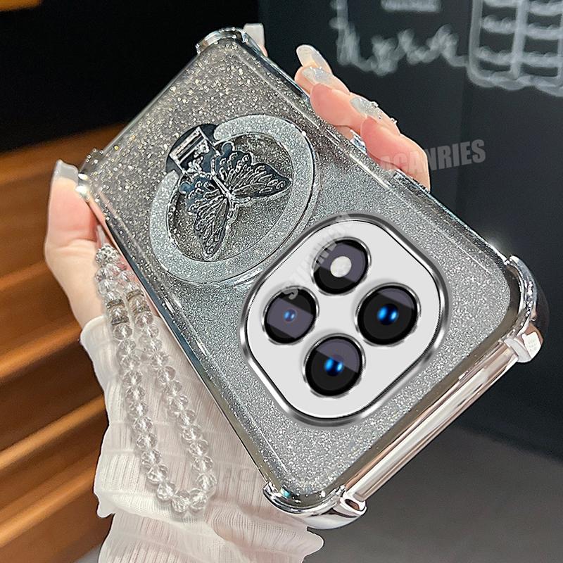 Note14pro Schmetterlingshalter Lanyard Kette Hülle Für Xiaomi Redmi Note 14 Pro Plus Galvanisiert Stoßfest Silikon Ständer Hülle Poco X7