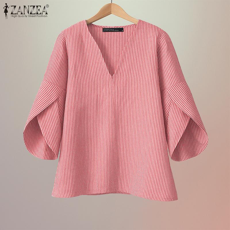 ZANZEA Women Casual V-Neck 3/4 Sleeve Loose Stripe Blouse