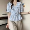 Female Lotus Leaf V-neck Plaid Shirt Light Blue Women's Short Sleeved Shirts Summer Fashion Versatile Pullover Blouses