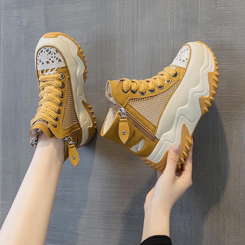 Women's summer 2025 new leather through the net dad shoes retro lightweight inner height increase casual sports shoes platform sandals
