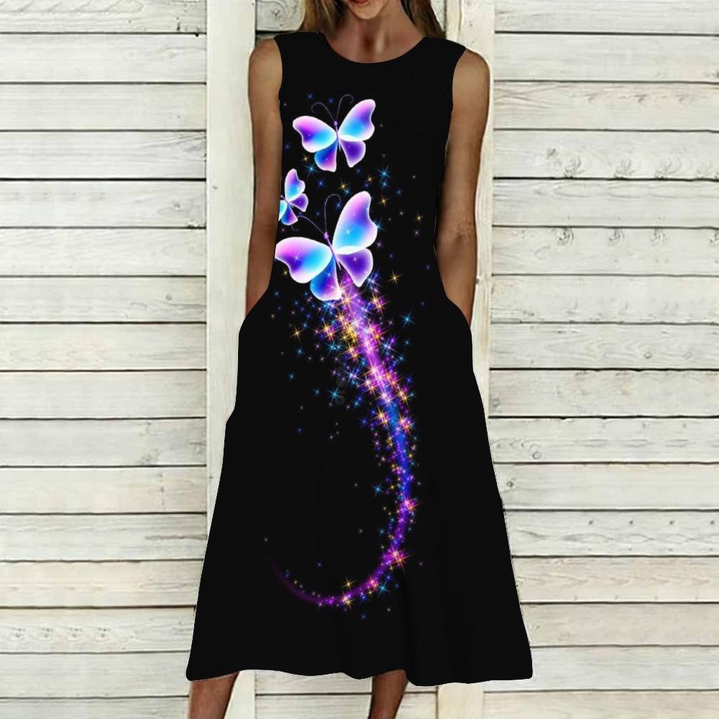 Plus Size Sleeveless Crew Neck Dress Fresh Wild Blossom Print Flowy Knee Length Outfit
