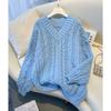 Harajuku Sweater Women Fashion Oversized Pink V-Neck Knitted Pullovers Korean Long Sleeve Knitwear Winter Casual Jumpers