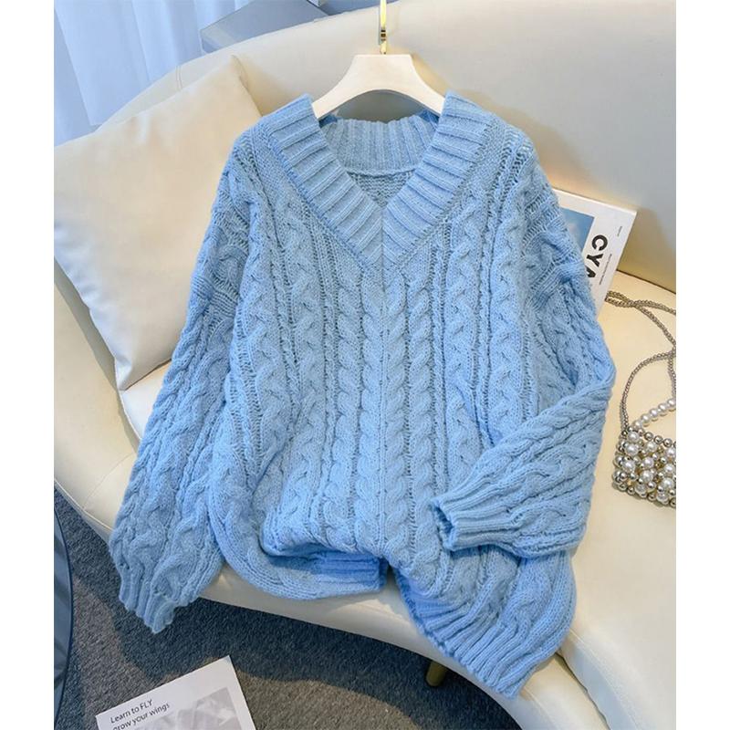 Harajuku Sweater Women Fashion Oversized Pink V-Neck Knitted Pullovers Korean Long Sleeve Knitwear Winter Casual Jumpers